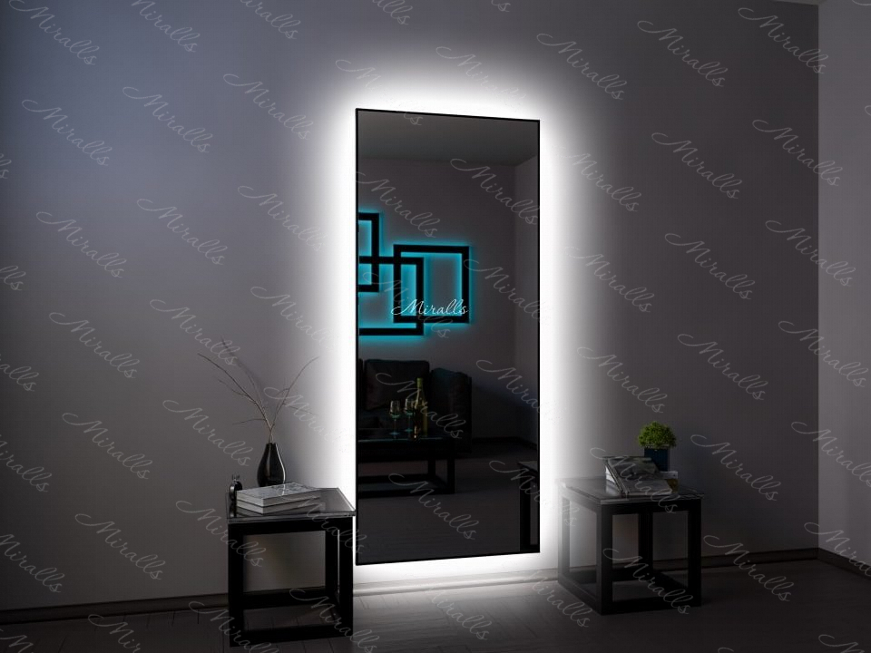 прямоугольное зеркало Brams XL в деревянной раме с интерьерной подсветкой