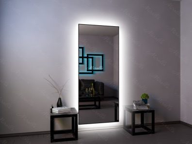 прямоугольное зеркало Brams XL в деревянной раме с интерьерной подсветкой