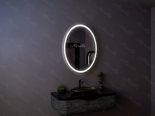 овальный зеркальный шкаф для ванны Ostin с интерьерной и фронтальной подсветкой