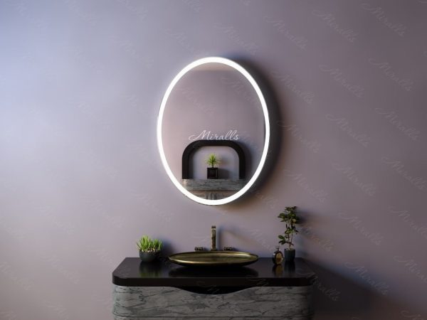 овальный зеркальный шкаф для ванны Ostin с интерьерной и фронтальной подсветкой